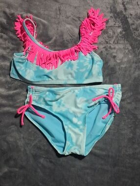 Justice Blue Tie-Dye Bikini with Hot Pink Fringe
